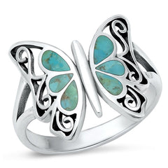 Sterling Silver Oxidized Genuine Turquoise Butterfly Ring