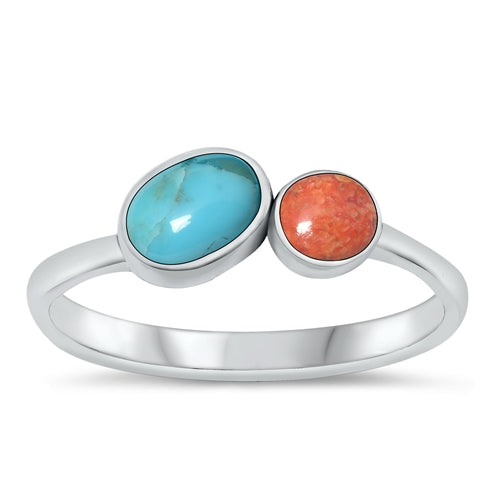 Sterling Silver Oxidized Genuine Turquoise Oval And Red Agate Round Ring Face Height-5.8mm