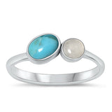 Sterling Silver Oxidized Genuine Turquoise Oval And Moonstone Round Ring Face Height-5.8mm