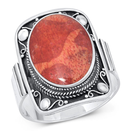 Sterling Silver Oxidized Oval Red Coral Ring Face Height-22mm