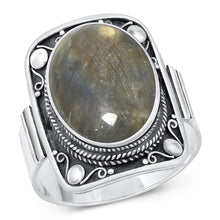 Load image into Gallery viewer, Sterling Silver Oxidized Oval Labradorite Ring Face Height-22mm