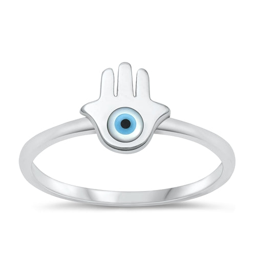 Sterling Silver Oxidized Hamsa And Evil Eye Mother Of Pearl Ring Face Height-8.4mm