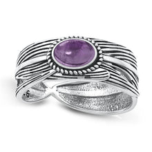 Load image into Gallery viewer, Sterling Silver Oxidized Feather Genuine Amethyst Stone Ring Face Height-8.3mm