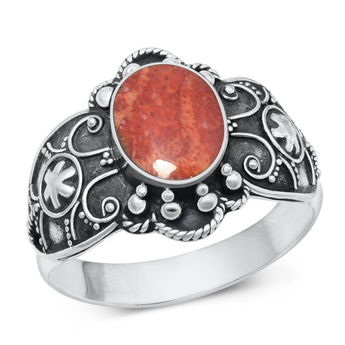 Sterling Silver Oxidized Red Coral Oval Ring Face Height-16.2mm