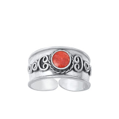 Sterling Silver Oxidized Round Red Coral Bali Toe Ring Face Height-8.2mm