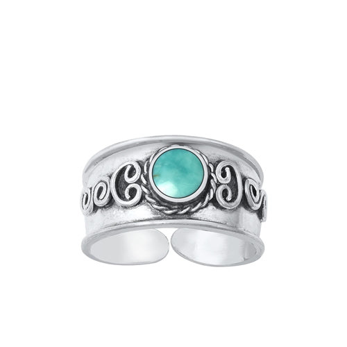 Sterling Silver Oxidized Round Genuine Turquoise Bali Toe Ring Face Height-8.2mm