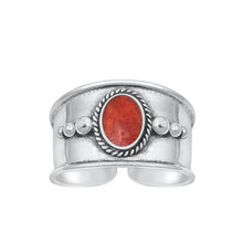 Load image into Gallery viewer, Sterling Silver Oxidized Oval Red Coral Bali Toe Ring Face Height-10.5mm