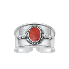 Sterling Silver Oxidized Oval Red Coral Bali Toe Ring Face Height-10.5mm