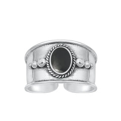 Sterling Silver Oxidized Oval Black Agate Bali Toe Ring Face Height-10.5mm