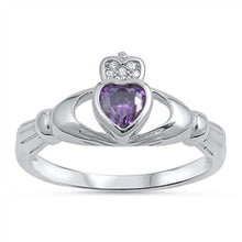 Load image into Gallery viewer, Sterling Silver Claddagh Shaped Amethyst CZ RingAnd Face Height 10mm