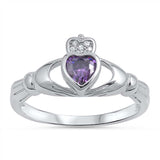 Sterling Silver Claddagh Shaped Amethyst CZ RingAnd Face Height 10mm