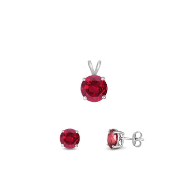 Sterling Silver Rhodium Plated Ruby CZ Round Set