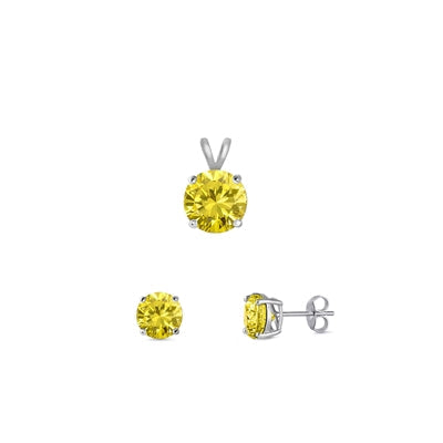 Sterling Silver Rhodium Plated Yellow CZ Round Set