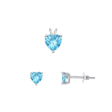 Load image into Gallery viewer, Sterling Silver Rhodium Plated Heart Solitaire Aquamarine CZ Set