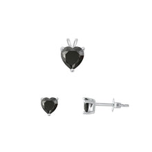 Load image into Gallery viewer, Sterling Silver Rhodium Plated Heart Solitaire Black CZ Set