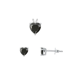 Sterling Silver Rhodium Plated Heart Solitaire Black CZ Set