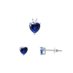 Sterling Silver Rhodium Plated Heart Solitaire Blue Sapphire CZ Set