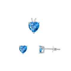 Sterling Silver Rhodium Plated Heart Solitaire Blue Topaz CZ Set