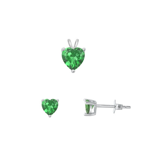 Sterling Silver Rhodium Plated Heart Solitaire Emerald CZ Set