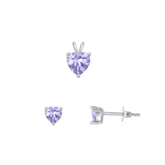 Sterling Silver Rhodium Plated Heart Solitaire Lavender CZ Set