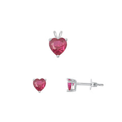 Sterling Silver Rhodium Plated Heart Solitaire Ruby CZ Set