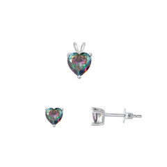 Sterling Silver Rhodium Plated Heart Solitaire Rainbow Topaz CZ Set