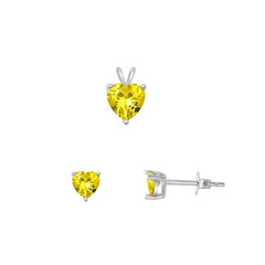 Sterling Silver Rhodium Plated Heart Solitaire Yellow CZ Set