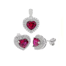 Load image into Gallery viewer, Sterling Silver Lab Created Ruby Heart Halo Earrings And Pendant Set Pendant-W14mmxH21.5mm, Earring-W11mmxH11.4mm