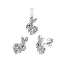 Load image into Gallery viewer, Sterling Silver Pave CZ Rabbit Earrings And Pendant Set Pendant-W9.3mmxH20.4mm, Earring-W7.3mmxH7.6mm