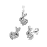 Sterling Silver Pave CZ Rabbit Earrings And Pendant Set Pendant-W9.3mmxH20.4mm, Earring-W7.3mmxH7.6mm