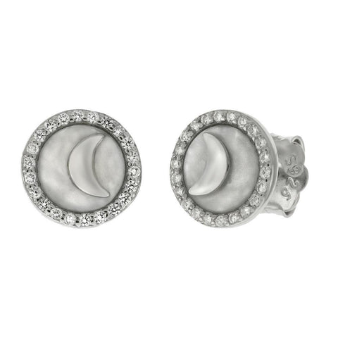 Sterling Silver Crescent Moon On Pearl Shell With CZ Stud Earrings
