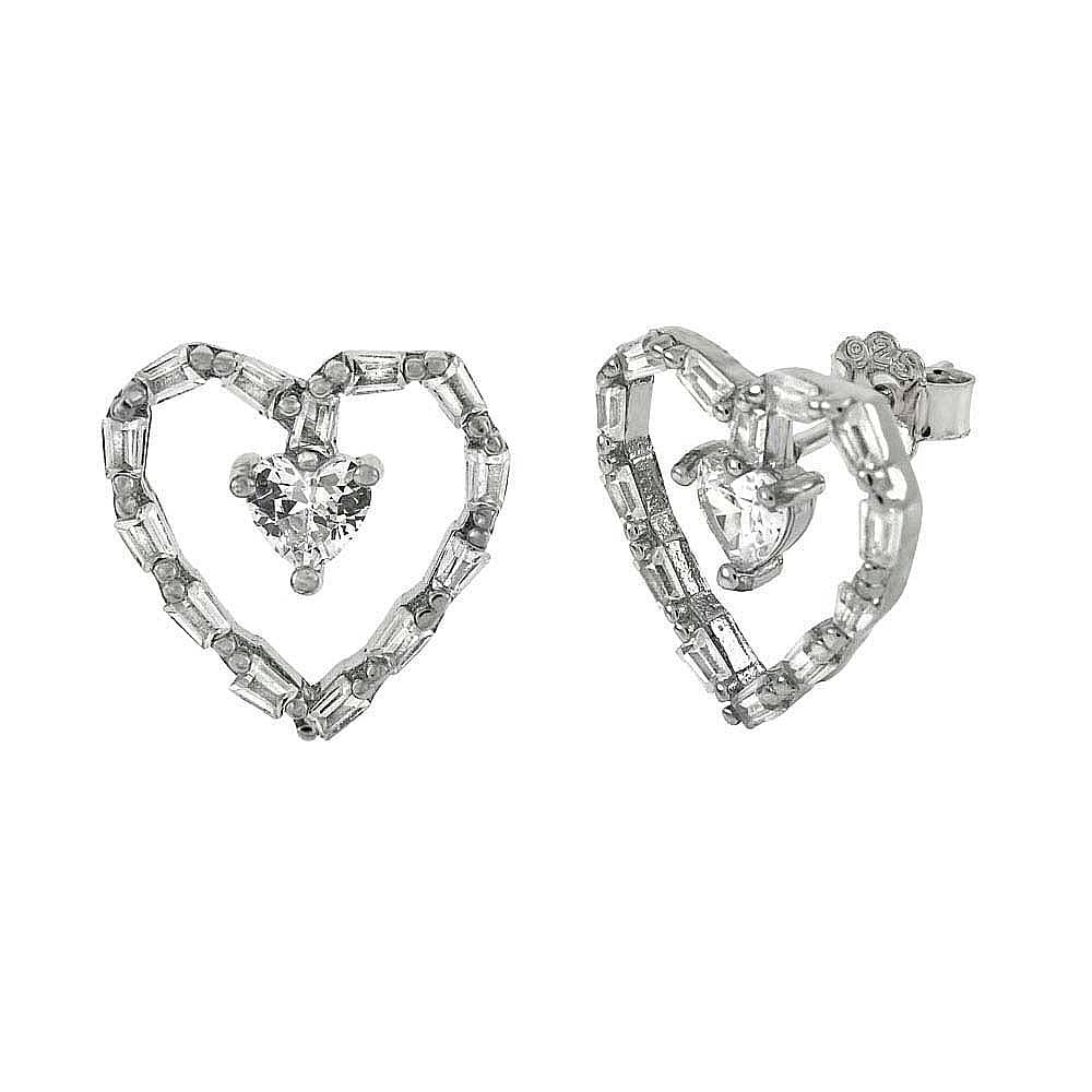 Sterling Silver Heart Shape Trapezoid Cubic Zirconia Earrings