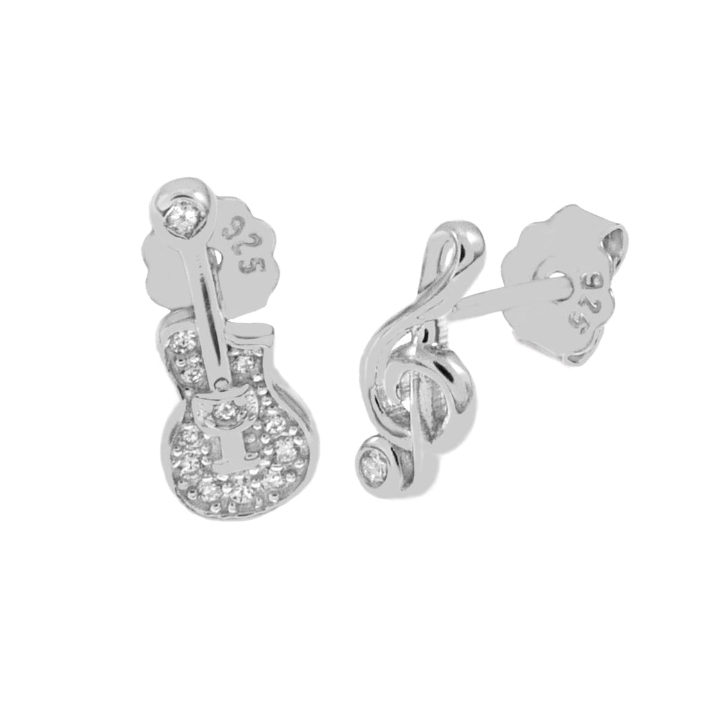 Sterling Silver Guitar And Treble Note CZ Stud Earrings Width-4.8mm, Height-11mm