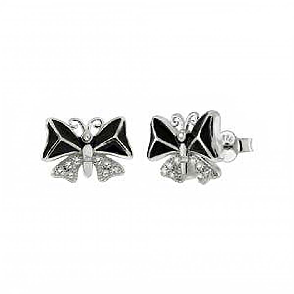 Sterling Silver CZ And Black Enamel Butterfly Shaped Stud Earrings