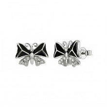 Load image into Gallery viewer, Sterling Silver CZ And Black Enamel Butterfly Shaped Stud Earrings