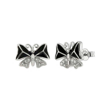 Load image into Gallery viewer, Sterling Silver CZ And Black Enamel Butterfly Shaped Stud Earrings