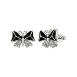 Sterling Silver CZ And Black Enamel Butterfly Shaped Stud Earrings