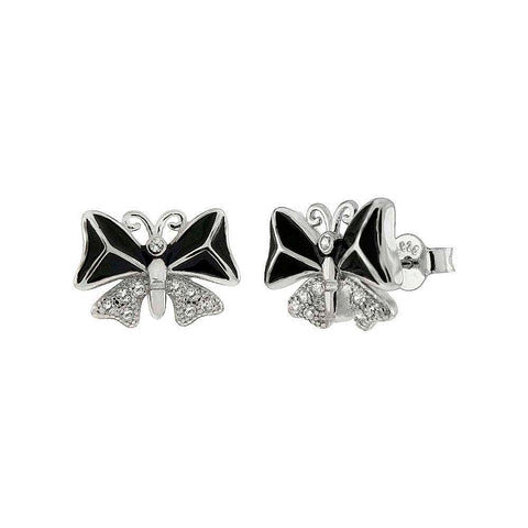 Sterling Silver CZ And Black Enamel Butterfly Shaped Stud Earrings