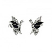Load image into Gallery viewer, Sterling Silver CZ And Black Enamel Butterfly Shaped Stud Earrings