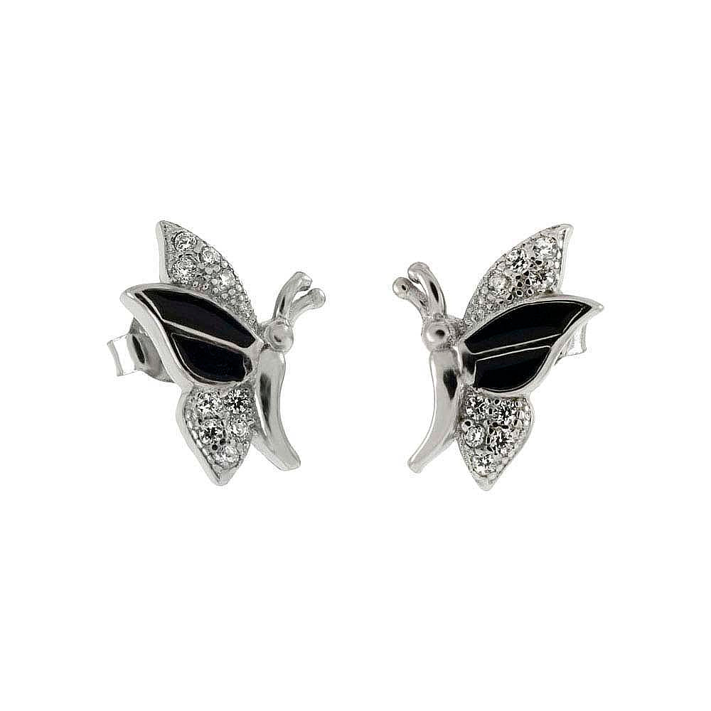 Sterling Silver CZ And Black Enamel Butterfly Shaped Stud Earrings