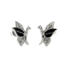 Load image into Gallery viewer, Sterling Silver CZ And Black Enamel Butterfly Shaped Stud Earrings