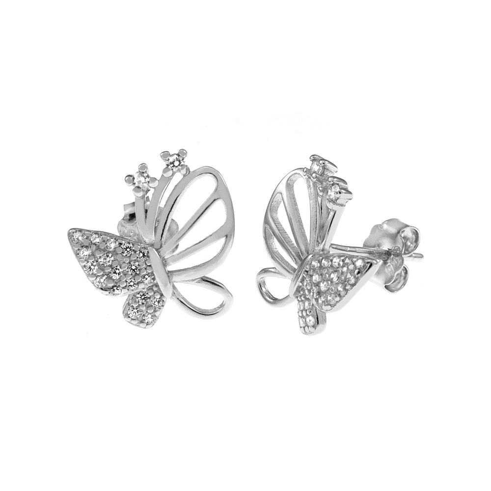 Sterling Silver Butterfly CZ Stud Earrings Width-11.6mm, Height-12.8mm