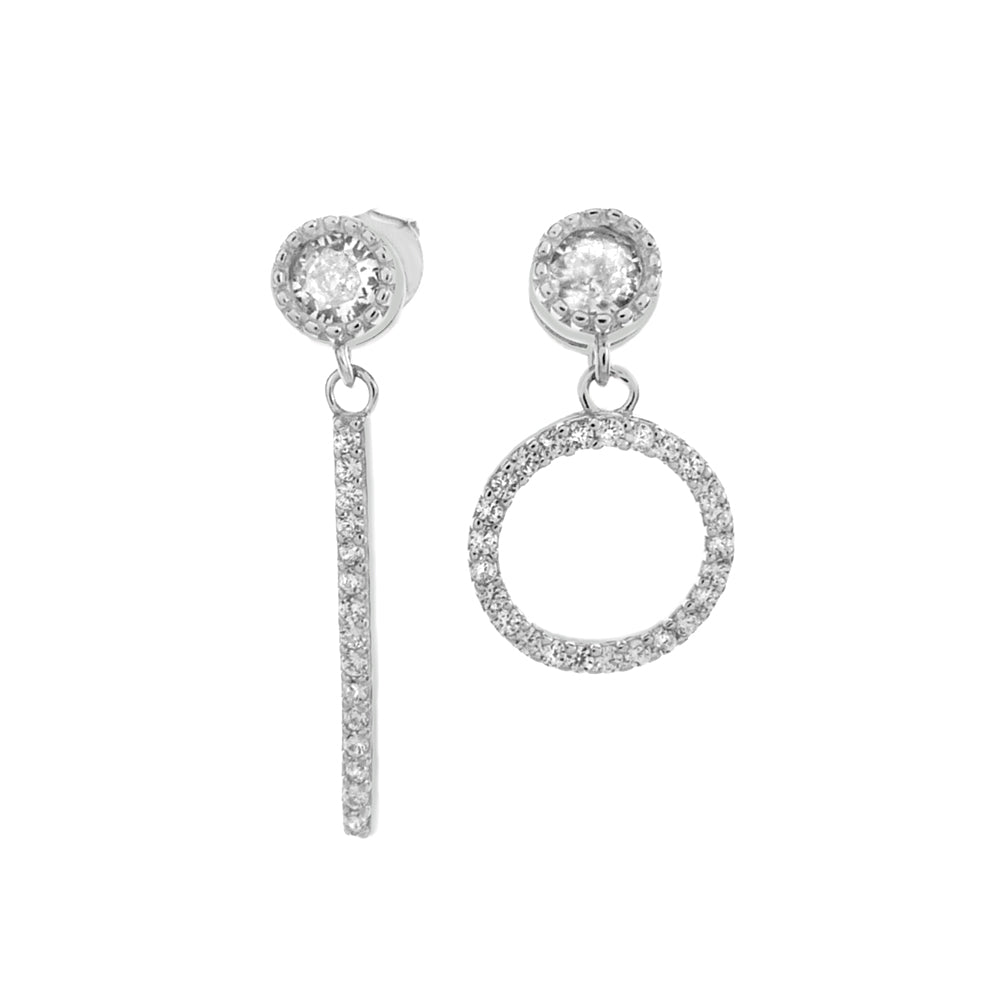 Sterling Silver Round CZ Bezel Set With Bar Circle Dangle Earrings Width-5.5mm