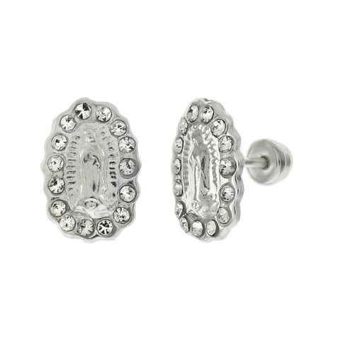 Sterling Silver Lady of Guadalupe Screw Back With Rainbow Crystal Stud Earrings