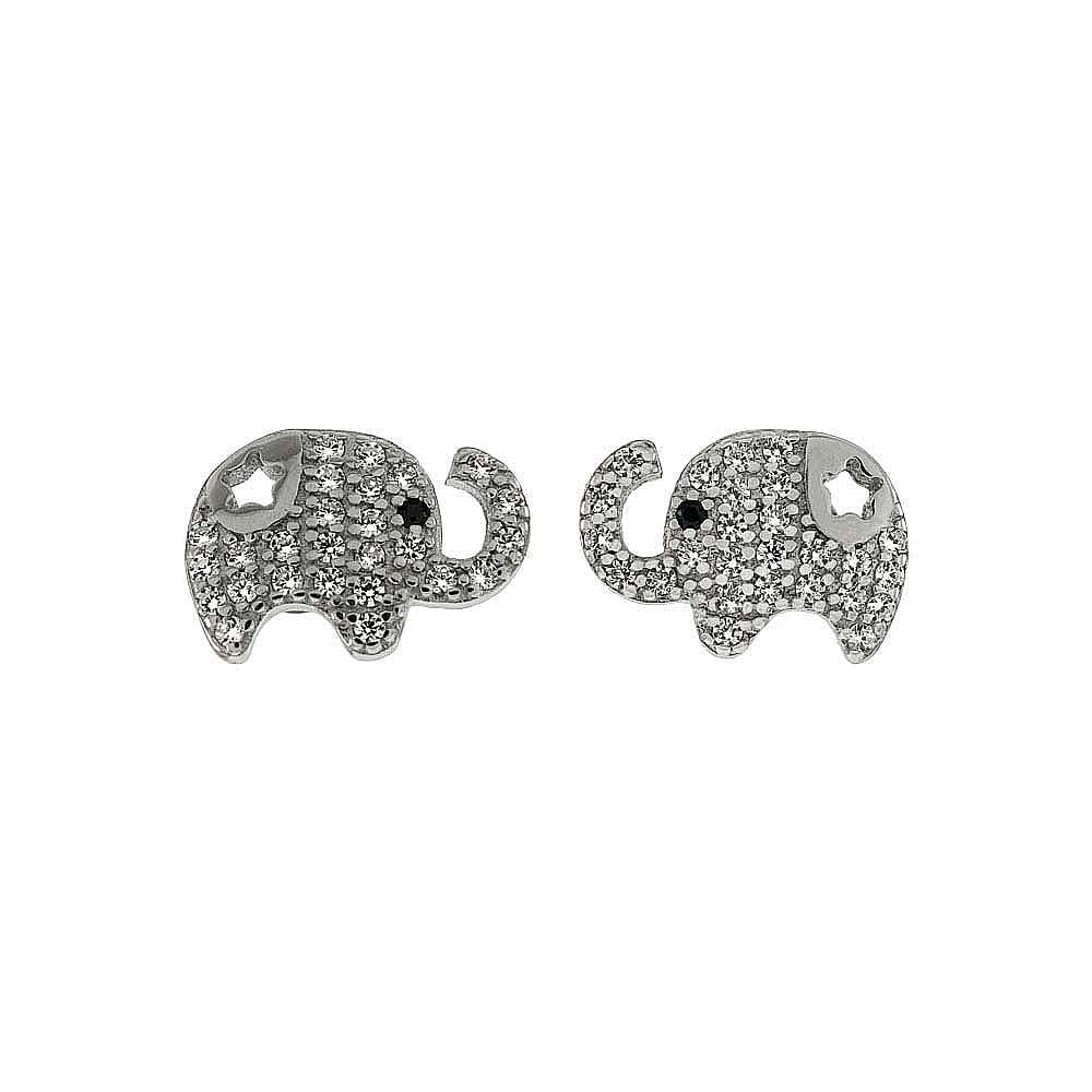 Sterling Silver Elephant Shaped Stud Earrings With Pave CZ