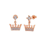 Sterling Silver Rose Gold Plated Dangle Crown Shaped Earrings With Clear CZ