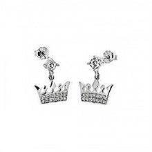 Load image into Gallery viewer, Sterling Silver Dangle Crown Shaped Earrings With Clear CZ