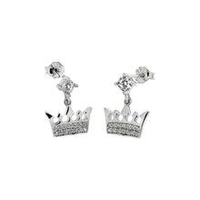 Load image into Gallery viewer, Sterling Silver Dangle Crown Shaped Earrings With Clear CZ