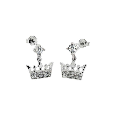 Sterling Silver Dangle Crown Shaped Earrings With Clear CZ