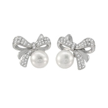 Load image into Gallery viewer, Sterling Silver CZ Bow Freshwater Pearl Earrings Width-13mm, Height-11.8mm